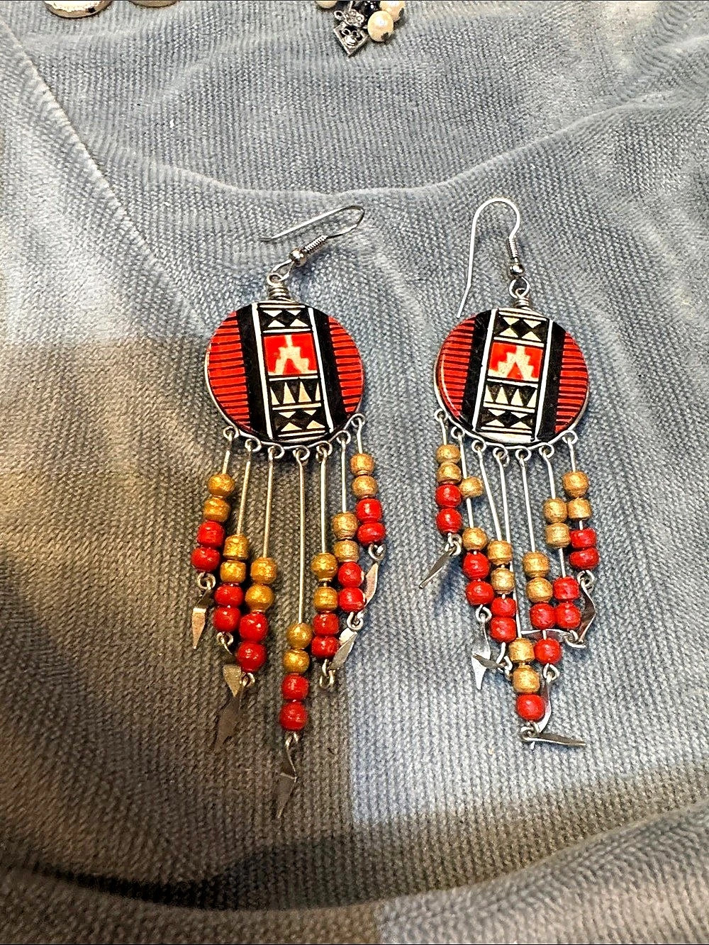 Geometric Beaded Dangle Earrings in Red & Black